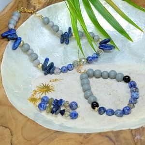 Moon and star Lapis lazuli choker,earring, bracelet gemstone jewlery set